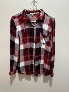 Maurices Plaid Blouse in Burgundy, Pink & Gold Tones Button Back XL